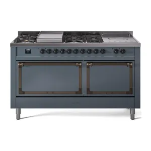 Ilve UN60FSQNMPBGB Ilve Un60Fsqnmpbgb Nostalgie Ii Noblesse 60" Dual Fuel Range (7 Sealed Burners   Griddle   French Top, Natural Gas, Solid Door, Blue Grey, Burnished) Professional Ranges dual fuel professional range 36 inch