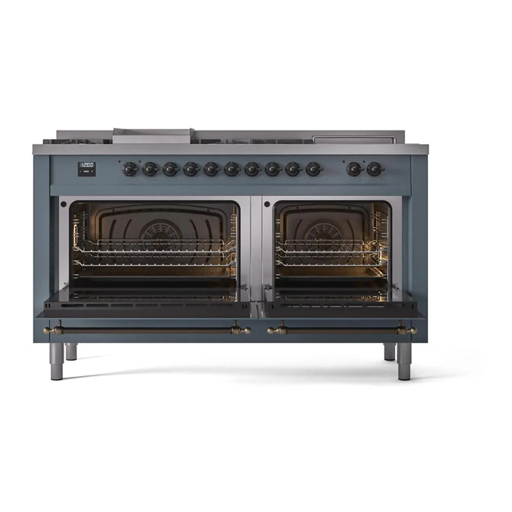 Ilve UN60FSQNMPBGB Ilve Un60Fsqnmpbgb Nostalgie Ii Noblesse 60" Dual Fuel Range (7 Sealed Burners   Griddle   French Top, Natural Gas, Solid Door, Blue Grey, Burnished)