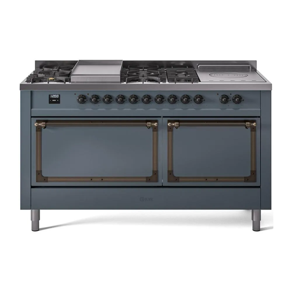 Ilve UN60FSQNMPBGB Ilve Un60Fsqnmpbgb Nostalgie Ii Noblesse 60" Dual Fuel Range (7 Sealed Burners   Griddle   French Top, Natural Gas, Solid Door, Blue Grey, Burnished) Professional Ranges dual fuel professional range 36 inch