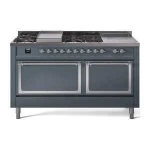 Ilve UN60FSQNMPBGC Ilve Un60Fsqnmpbgc Nostalgie Ii Noblesse 60" Dual Fuel Range (7 Sealed Burners   Griddle   French Top, Natural Gas, Solid Door, Blue Grey, Chrome) Professional Ranges dual fuel professional range 36 inch