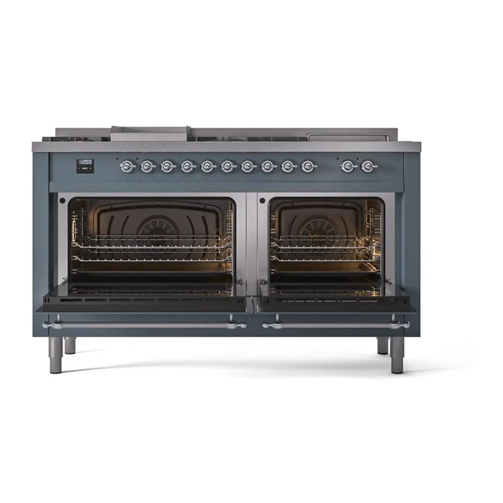 Ilve UN60FSQNMPBGCLP Ilve Un60Fsqnmpbgclp Nostalgie Ii Noblesse 60" Dual Fuel Range (7 Sealed Burners   Griddle   French Top, Liquid Propane, Solid Door, Blue Grey, Chrome)