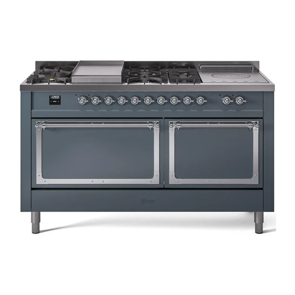 Ilve UN60FSQNMPBGCLP Ilve Un60Fsqnmpbgclp Nostalgie Ii Noblesse 60" Dual Fuel Range (7 Sealed Burners   Griddle   French Top, Liquid Propane, Solid Door, Blue Grey, Chrome) Professional Ranges dual fuel professional range 36 inch