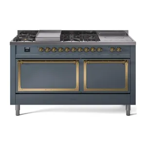Ilve UN60FSQNMPBGG Ilve Un60Fsqnmpbgg Nostalgie Ii Noblesse 60" Dual Fuel Range (7 Sealed Burners   Griddle   French Top, Natural Gas, Solid Door, Blue Grey, Brass) Professional Ranges dual fuel professional range 36 inch