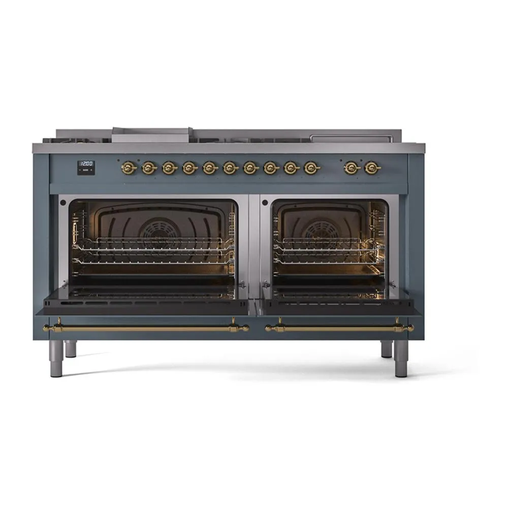 Ilve UN60FSQNMPBGG Ilve Un60Fsqnmpbgg Nostalgie Ii Noblesse 60" Dual Fuel Range (7 Sealed Burners   Griddle   French Top, Natural Gas, Solid Door, Blue Grey, Brass)