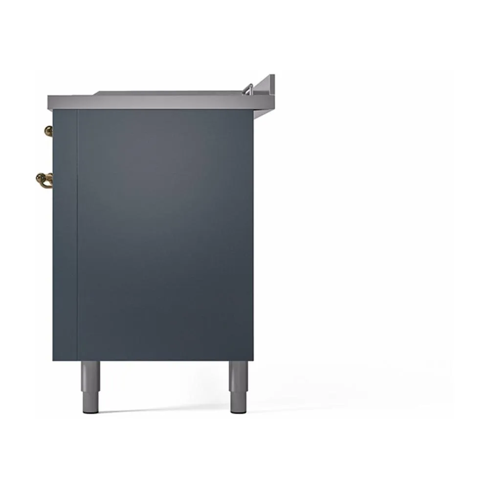 Ilve UN60FSQNMPBGG Ilve Un60Fsqnmpbgg Nostalgie Ii Noblesse 60" Dual Fuel Range (7 Sealed Burners   Griddle   French Top, Natural Gas, Solid Door, Blue Grey, Brass)