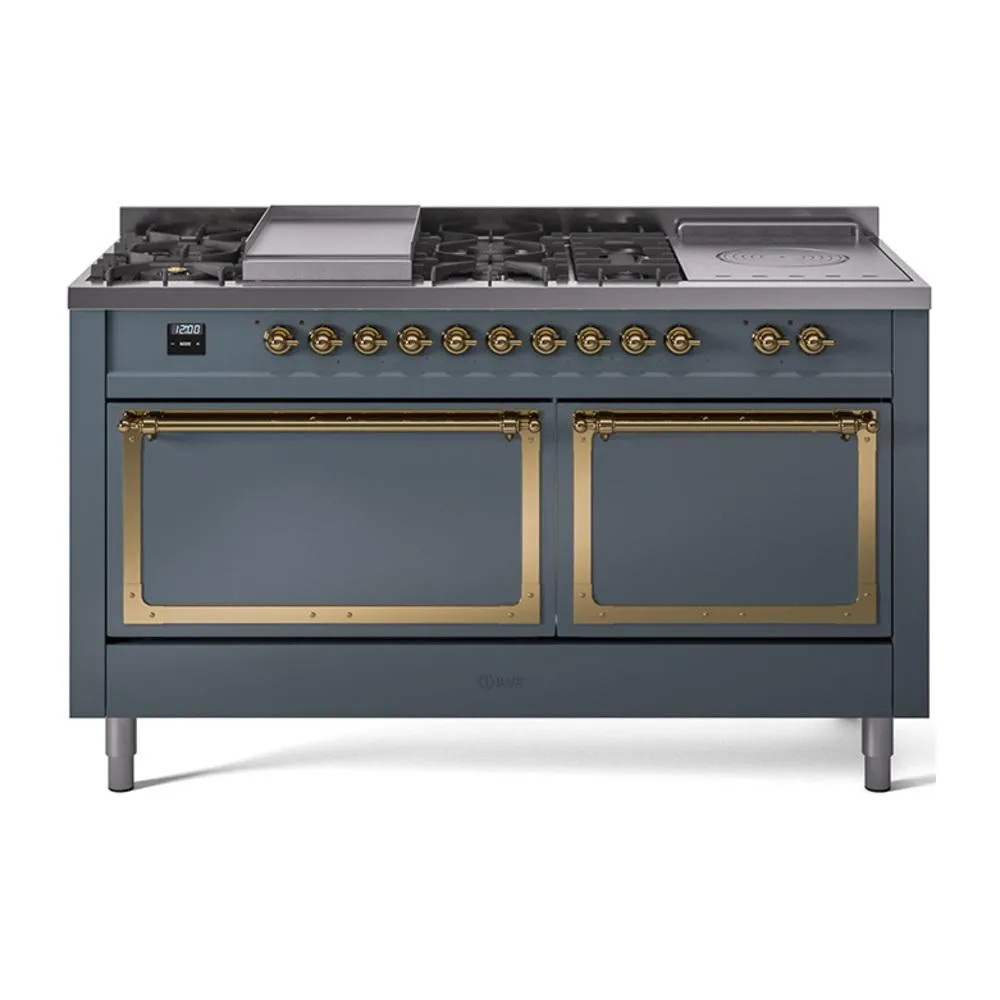 Ilve UN60FSQNMPBGG Ilve Un60Fsqnmpbgg Nostalgie Ii Noblesse 60" Dual Fuel Range (7 Sealed Burners   Griddle   French Top, Natural Gas, Solid Door, Blue Grey, Brass) Professional Ranges dual fuel professional range 36 inch