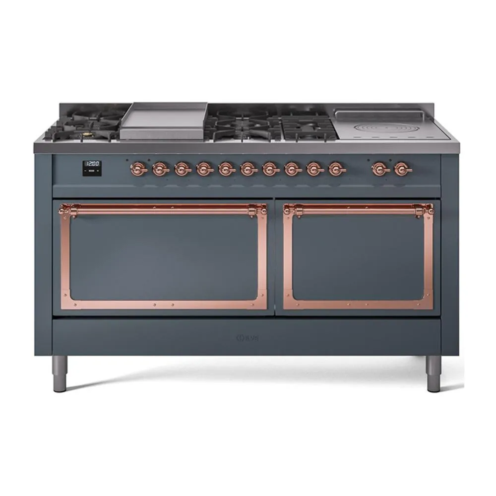 Ilve UN60FSQNMPBGP Ilve Un60Fsqnmpbgp Nostalgie Ii Noblesse 60" Dual Fuel Range (7 Sealed Burners   Griddle   French Top, Natural Gas, Solid Door, Blue Grey, Copper) Professional Ranges dual fuel professional range 36 inch