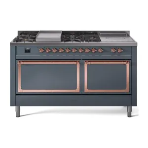 Ilve UN60FSQNMPBGP Ilve Un60Fsqnmpbgp Nostalgie Ii Noblesse 60" Dual Fuel Range (7 Sealed Burners   Griddle   French Top, Natural Gas, Solid Door, Blue Grey, Copper) Professional Ranges dual fuel professional range 36 inch