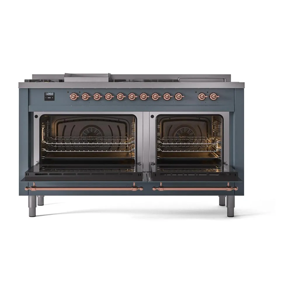 Ilve UN60FSQNMPBGP Ilve Un60Fsqnmpbgp Nostalgie Ii Noblesse 60" Dual Fuel Range (7 Sealed Burners   Griddle   French Top, Natural Gas, Solid Door, Blue Grey, Copper)