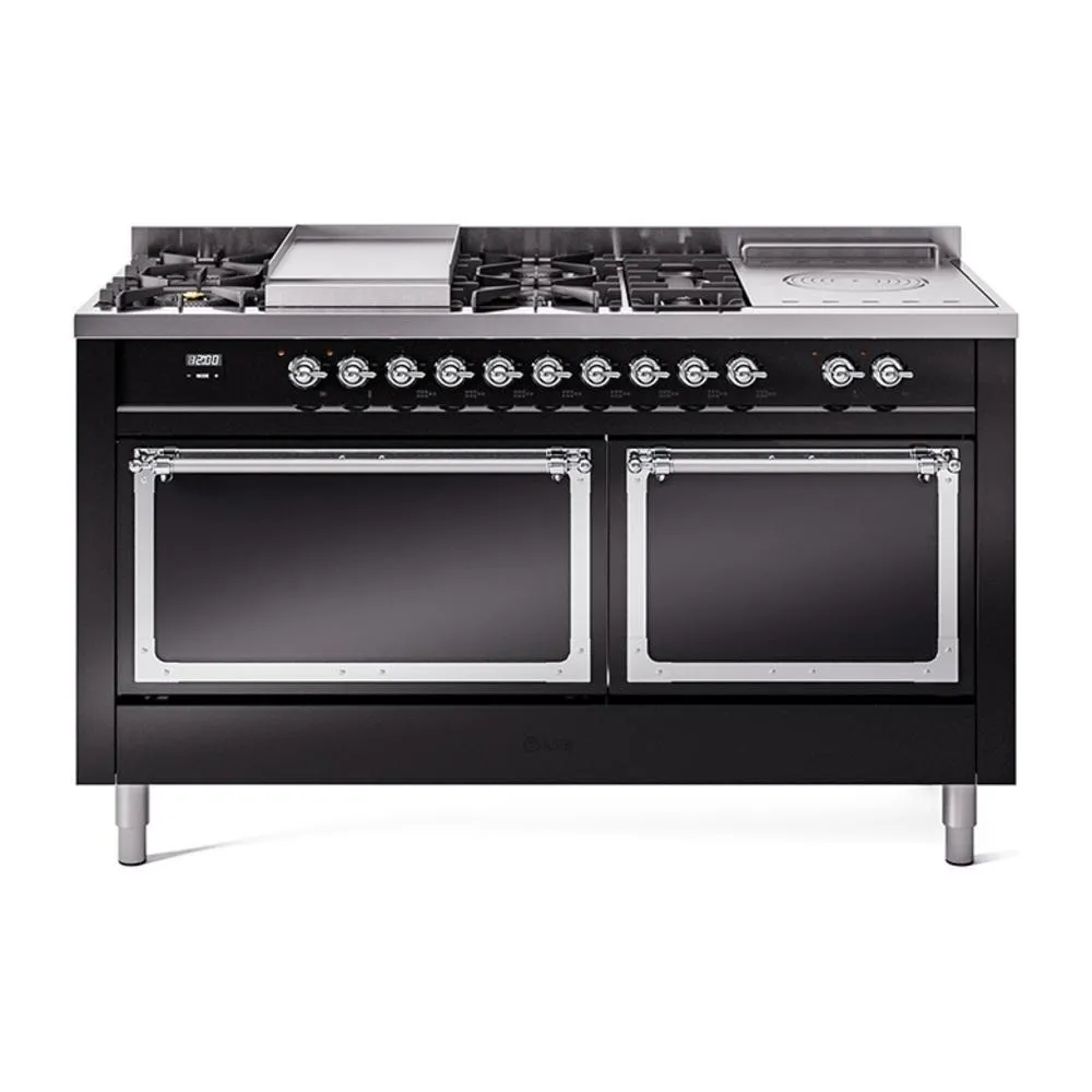 Ilve UN60FSQNMPBKCLP Ilve Un60Fsqnmpbkclp Nostalgie Ii Noblesse 60" Dual Fuel Range (7 Sealed Burners   Griddle   French Top, Liquid Propane, Solid Door, Glossy Black, Chrome) Professional Ranges dual fuel professional range 36 inch