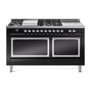Ilve UN60FSQNMPBKCLP Ilve Un60Fsqnmpbkclp Nostalgie Ii Noblesse 60" Dual Fuel Range (7 Sealed Burners   Griddle   French Top, Liquid Propane, Solid Door, Glossy Black, Chrome) Professional Ranges dual fuel professional range 36 inch
