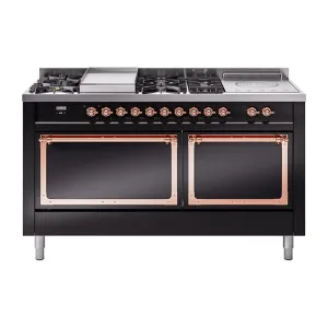 Ilve UN60FSQNMPBKPLP Ilve Un60Fsqnmpbkplp Nostalgie Ii Noblesse 60" Dual Fuel Range (7 Sealed Burners   Griddle   French Top, Liquid Propane, Solid Door, Glossy Black, Copper) Professional Ranges dual fuel professional range 36 inch