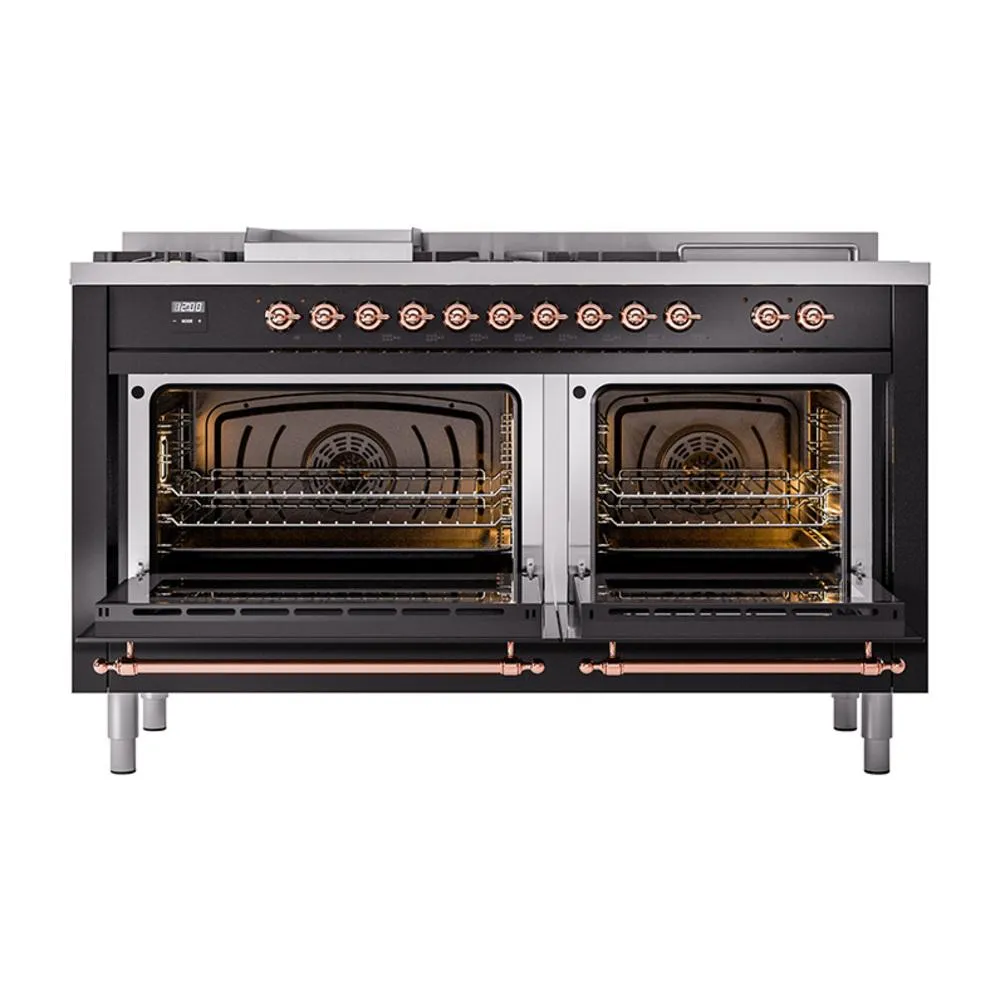 Ilve UN60FSQNMPBKPLP Ilve Un60Fsqnmpbkplp Nostalgie Ii Noblesse 60" Dual Fuel Range (7 Sealed Burners   Griddle   French Top, Liquid Propane, Solid Door, Glossy Black, Copper)