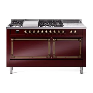 Ilve UN60FSQNMPBUBLP Ilve Un60Fsqnmpbublp Nostalgie Ii Noblesse 60" Dual Fuel Range (7 Sealed Burners   Griddle   French Top, Liquid Propane, Solid Door, Burgundy, Burnished) Professional Ranges dual fuel professional range 36 inch