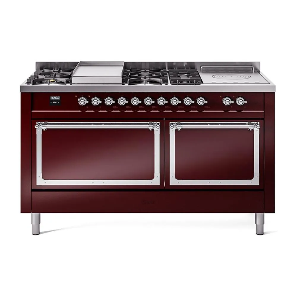 Ilve UN60FSQNMPBUC Ilve Un60Fsqnmpbuc Nostalgie Ii Noblesse 60" Dual Fuel Range (7 Sealed Burners   Griddle   French Top, Natural Gas, Solid Door, Burgundy, Chrome) Professional Ranges dual fuel professional range 36 inch