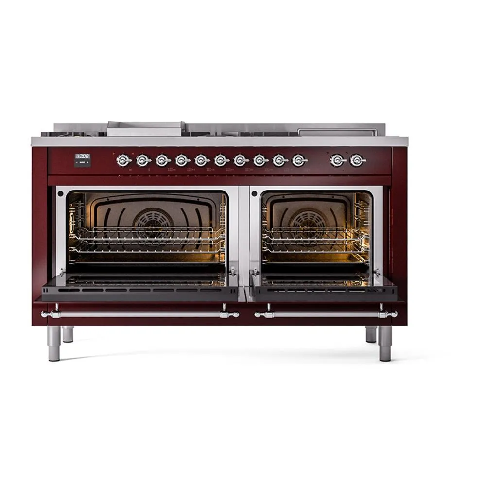 Ilve UN60FSQNMPBUCLP Ilve Un60Fsqnmpbuclp Nostalgie Ii Noblesse 60" Dual Fuel Range (7 Sealed Burners   Griddle   French Top, Liquid Propane, Solid Door, Burgundy, Chrome)