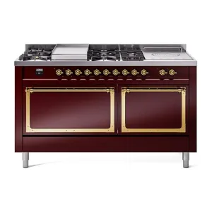 Ilve UN60FSQNMPBUG Ilve Un60Fsqnmpbug Nostalgie Ii Noblesse 60" Dual Fuel Range (7 Sealed Burners   Griddle   French Top, Natural Gas, Solid Door, Burgundy, Brass) Professional Ranges dual fuel professional range 36 inch