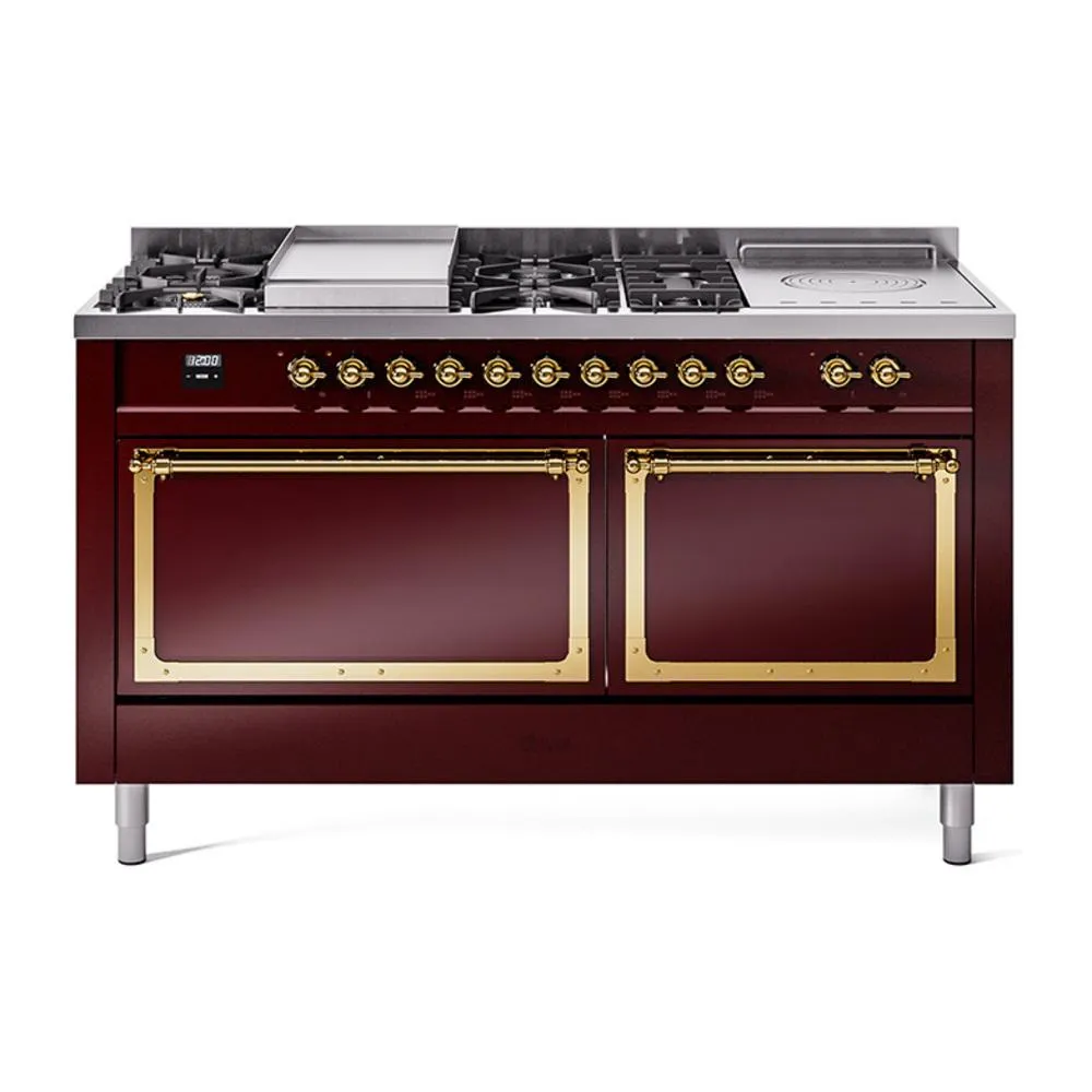 Ilve UN60FSQNMPBUG Ilve Un60Fsqnmpbug Nostalgie Ii Noblesse 60" Dual Fuel Range (7 Sealed Burners   Griddle   French Top, Natural Gas, Solid Door, Burgundy, Brass) Professional Ranges dual fuel professional range 36 inch