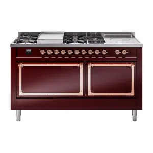 Ilve UN60FSQNMPBUP Ilve Un60Fsqnmpbup Nostalgie Ii Noblesse 60" Dual Fuel Range (7 Sealed Burners   Griddle   French Top, Natural Gas, Solid Door, Burgundy, Copper) Professional Ranges dual fuel professional range 36 inch