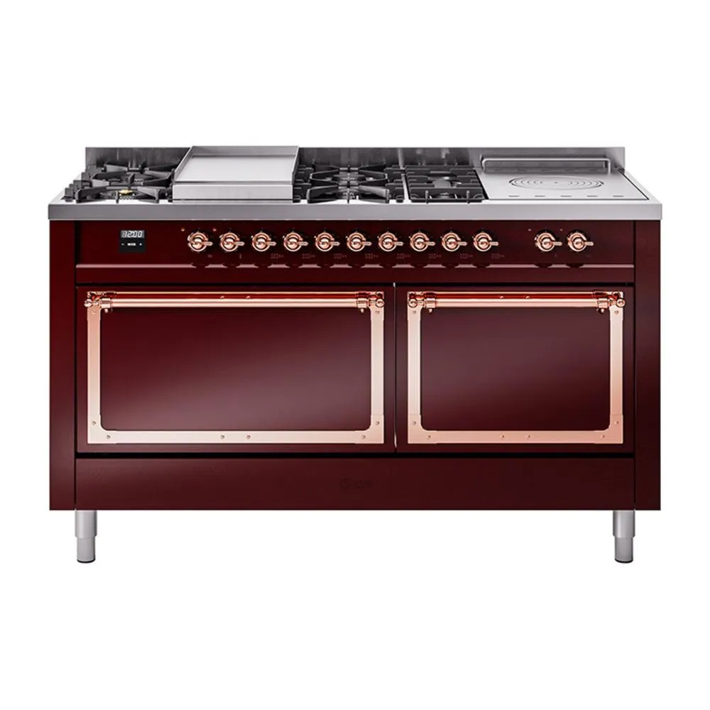 Ilve UN60FSQNMPBUPLP Ilve Un60Fsqnmpbuplp Nostalgie Ii Noblesse 60" Dual Fuel Range (7 Sealed Burners   Griddle   French Top, Liquid Propane, Solid Door, Burgundy, Copper) Professional Ranges dual fuel professional range 36 inch