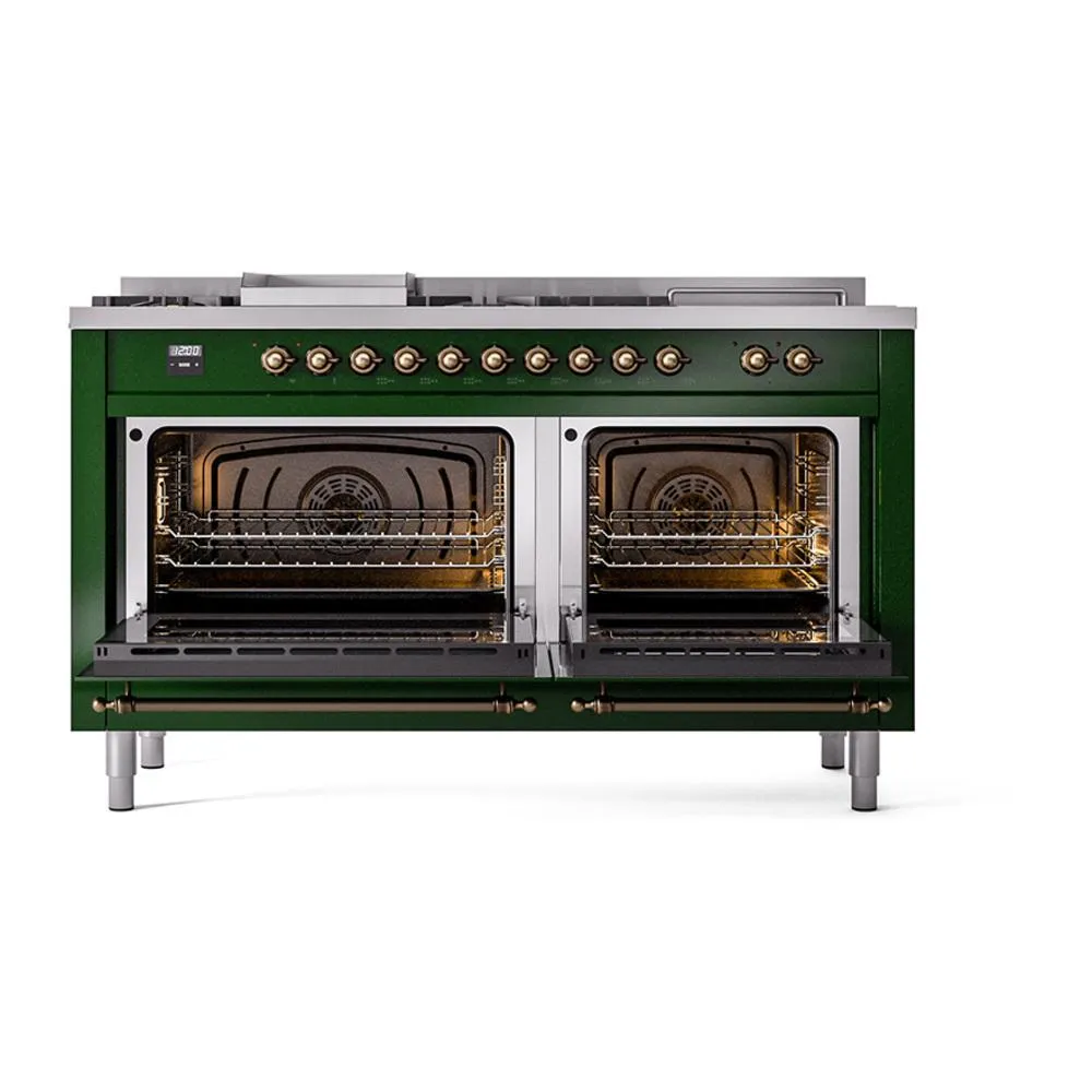 Ilve UN60FSQNMPEGB Ilve Un60Fsqnmpegb Nostalgie Ii Noblesse 60" Dual Fuel Range (7 Sealed Burners   Griddle   French Top, Natural Gas, Solid Door, Emerald Green, Burnished)