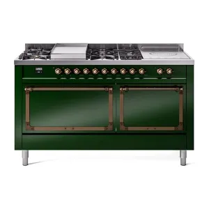 Ilve UN60FSQNMPEGBLP Ilve Un60Fsqnmpegblp Nostalgie Ii Noblesse 60" Dual Fuel Range (7 Sealed Burners   Griddle   French Top, Liquid Propane, Solid Door, Emerald Green, Burnished) Professional Ranges dual fuel professional range 36 inch