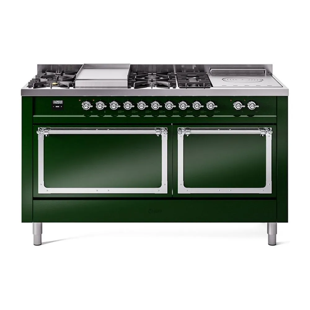 Ilve UN60FSQNMPEGC Ilve Un60Fsqnmpegc Nostalgie Ii Noblesse 60" Dual Fuel Range (7 Sealed Burners   Griddle   French Top, Natural Gas, Solid Door, Emerald Green, Chrome) Professional Ranges dual fuel professional range 36 inch
