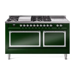 Ilve UN60FSQNMPEGC Ilve Un60Fsqnmpegc Nostalgie Ii Noblesse 60" Dual Fuel Range (7 Sealed Burners   Griddle   French Top, Natural Gas, Solid Door, Emerald Green, Chrome) Professional Ranges dual fuel professional range 36 inch