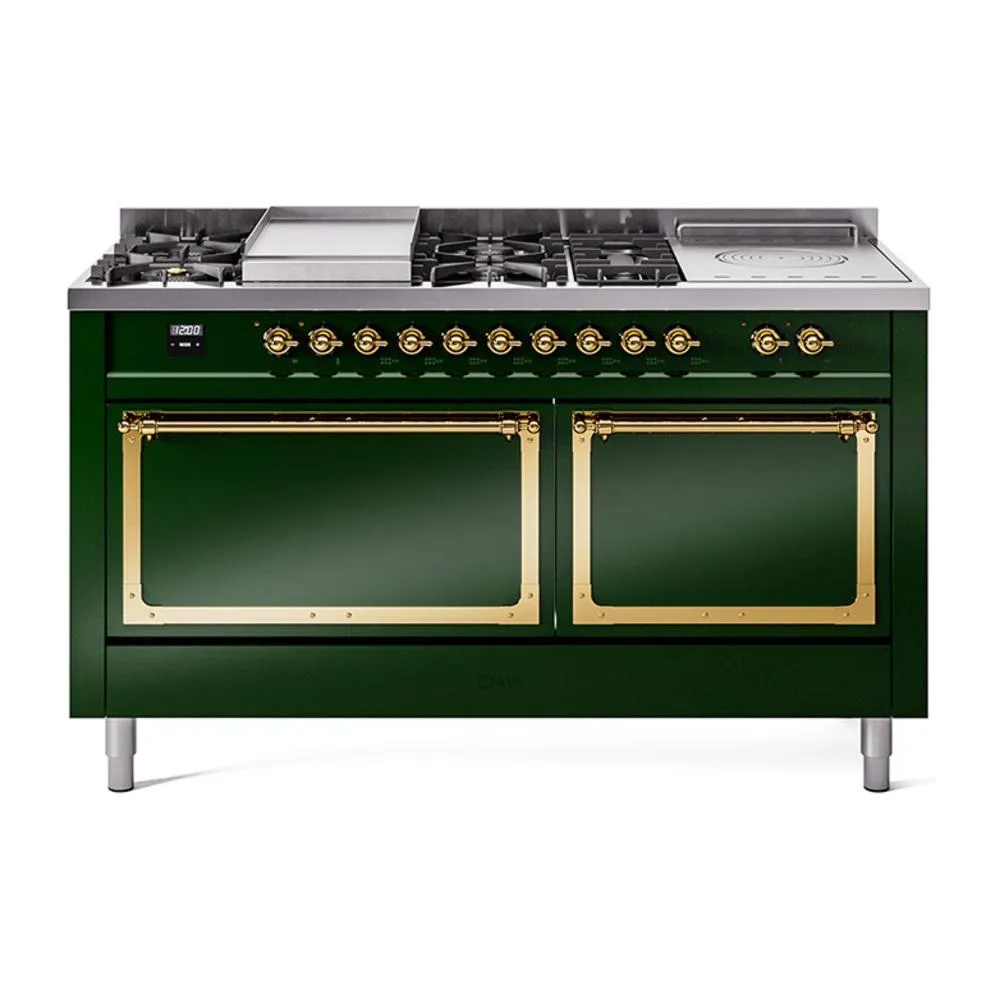 Ilve UN60FSQNMPEGG Ilve Un60Fsqnmpegg Nostalgie Ii Noblesse 60" Dual Fuel Range (7 Sealed Burners   Griddle   French Top, Natural Gas, Solid Door, Emerald Green, Brass) Professional Ranges dual fuel professional range 36 inch