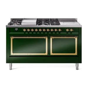 Ilve UN60FSQNMPEGG Ilve Un60Fsqnmpegg Nostalgie Ii Noblesse 60" Dual Fuel Range (7 Sealed Burners   Griddle   French Top, Natural Gas, Solid Door, Emerald Green, Brass) Professional Ranges dual fuel professional range 36 inch