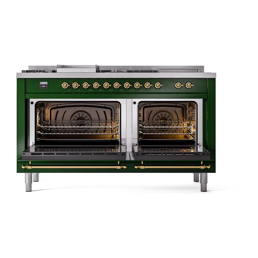 Ilve UN60FSQNMPEGGLP Ilve Un60Fsqnmpegglp Nostalgie Ii Noblesse 60" Dual Fuel Range (7 Sealed Burners   Griddle   French Top, Liquid Propane, Solid Door, Emerald Green, Brass)