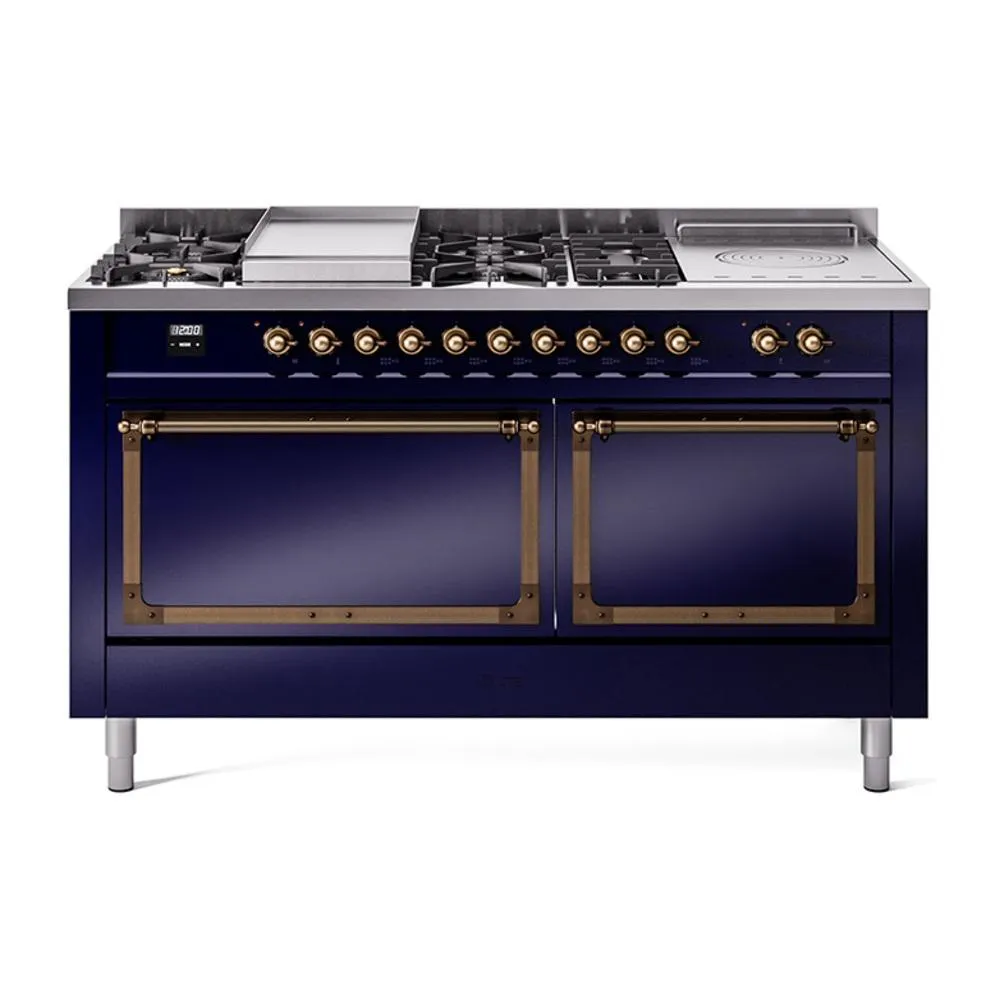 Ilve UN60FSQNMPMBB Ilve Un60Fsqnmpmbb Nostalgie Ii Noblesse 60" Dual Fuel Range (7 Sealed Burners   Griddle   French Top, Natural Gas, Solid Door, Midnight Blue, Burnished) Professional Ranges dual fuel professional range 36 inch