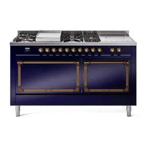 Ilve UN60FSQNMPMBB Ilve Un60Fsqnmpmbb Nostalgie Ii Noblesse 60" Dual Fuel Range (7 Sealed Burners   Griddle   French Top, Natural Gas, Solid Door, Midnight Blue, Burnished) Professional Ranges dual fuel professional range 36 inch