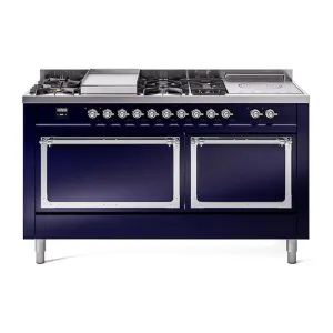 Ilve UN60FSQNMPMBCLP Ilve Un60Fsqnmpmbclp Nostalgie Ii Noblesse 60" Dual Fuel Range (7 Sealed Burners   Griddle   French Top, Liquid Propane, Solid Door, Midnight Blue, Chrome) Professional Ranges dual fuel professional range 36 inch