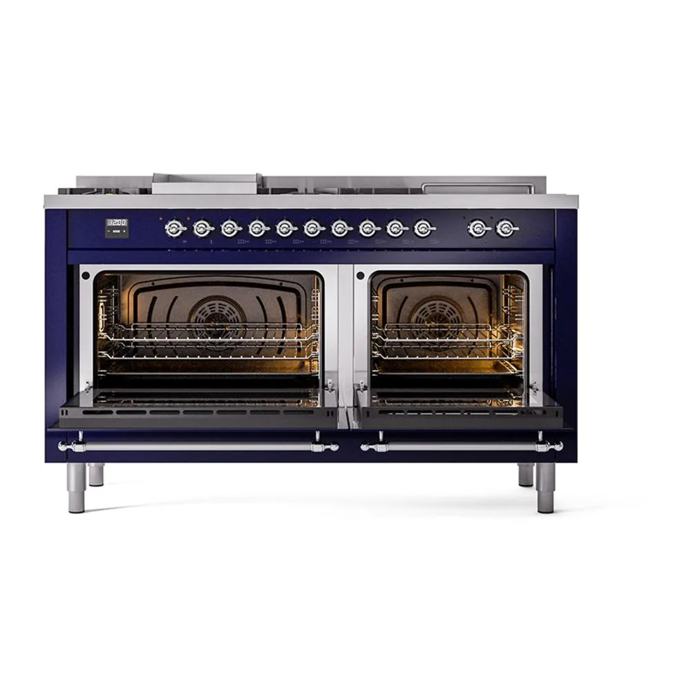 Ilve UN60FSQNMPMBCLP Ilve Un60Fsqnmpmbclp Nostalgie Ii Noblesse 60" Dual Fuel Range (7 Sealed Burners   Griddle   French Top, Liquid Propane, Solid Door, Midnight Blue, Chrome)