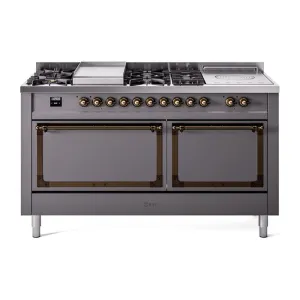 Ilve UN60FSQNMPMGB Ilve Un60Fsqnmpmgb Nostalgie Ii Noblesse 60" Dual Fuel Range (7 Sealed Burners   Griddle   French Top, Natural Gas, Solid Door, Graphite Matte, Burnished) Professional Ranges dual fuel professional range 36 inch