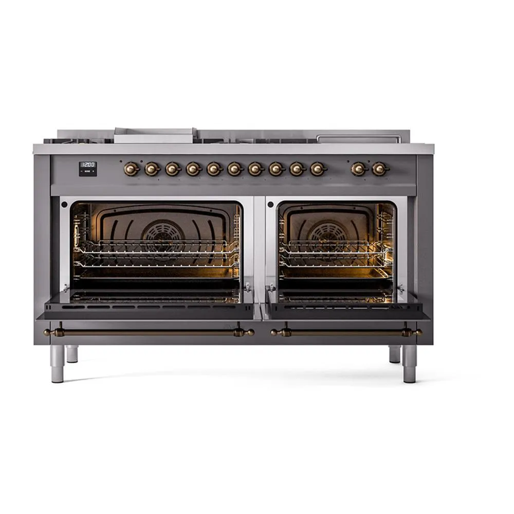 Ilve UN60FSQNMPMGBLP Ilve Un60Fsqnmpmgblp Nostalgie Ii Noblesse 60" Dual Fuel Range (7 Sealed Burners   Griddle   French Top, Liquid Propane, Solid Door, Graphite Matte, Burnished)