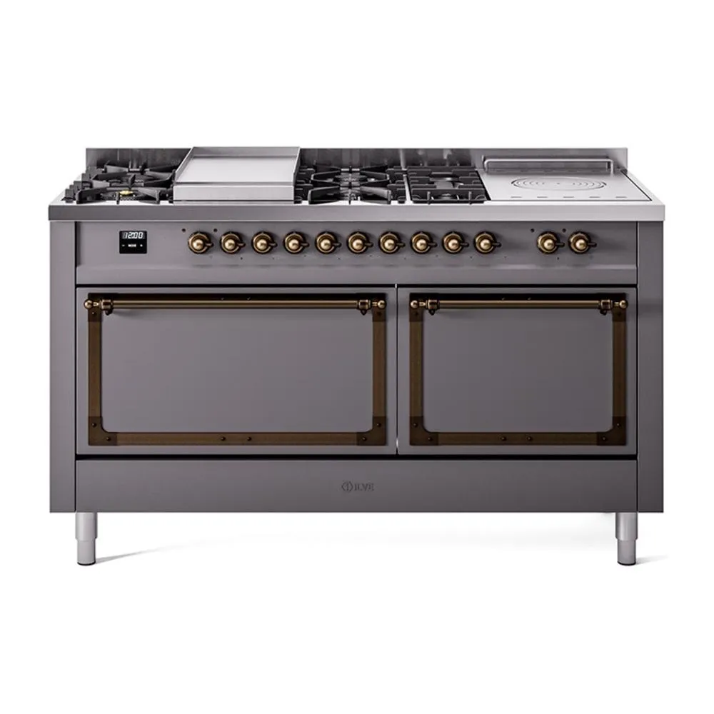 Ilve UN60FSQNMPMGBLP Ilve Un60Fsqnmpmgblp Nostalgie Ii Noblesse 60" Dual Fuel Range (7 Sealed Burners   Griddle   French Top, Liquid Propane, Solid Door, Graphite Matte, Burnished) Professional Ranges dual fuel professional range 36 inch