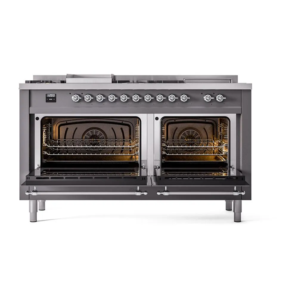 Ilve UN60FSQNMPMGC Ilve Un60Fsqnmpmgc Nostalgie Ii Noblesse 60" Dual Fuel Range (7 Sealed Burners   Griddle   French Top, Natural Gas, Solid Door, Graphite Matte, Chrome)