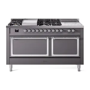 Ilve UN60FSQNMPMGC Ilve Un60Fsqnmpmgc Nostalgie Ii Noblesse 60" Dual Fuel Range (7 Sealed Burners   Griddle   French Top, Natural Gas, Solid Door, Graphite Matte, Chrome) Professional Ranges dual fuel professional range 36 inch