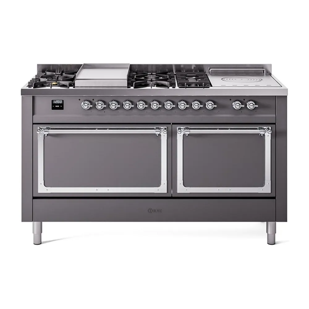 Ilve UN60FSQNMPMGC Ilve Un60Fsqnmpmgc Nostalgie Ii Noblesse 60" Dual Fuel Range (7 Sealed Burners   Griddle   French Top, Natural Gas, Solid Door, Graphite Matte, Chrome) Professional Ranges dual fuel professional range 36 inch
