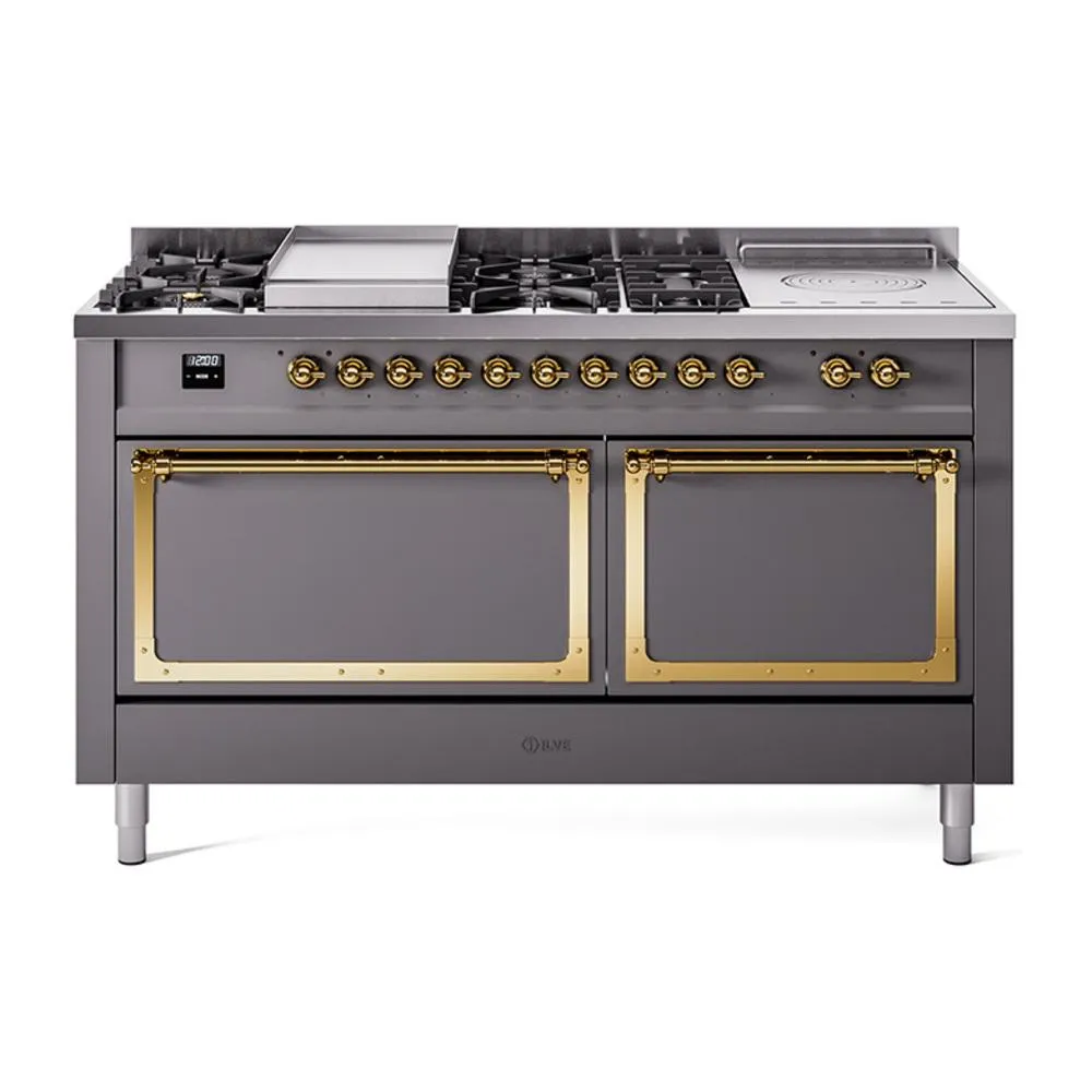 Ilve UN60FSQNMPMGG Ilve Un60Fsqnmpmgg Nostalgie Ii Noblesse 60" Dual Fuel Range (7 Sealed Burners   Griddle   French Top, Natural Gas, Solid Door, Graphite Matte, Brass) Professional Ranges dual fuel professional range 36 inch
