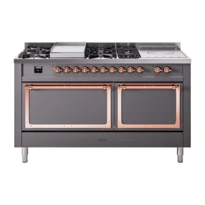 Ilve UN60FSQNMPMGP Ilve Un60Fsqnmpmgp Nostalgie Ii Noblesse 60" Dual Fuel Range (7 Sealed Burners   Griddle   French Top, Natural Gas, Solid Door, Graphite Matte, Copper) Professional Ranges dual fuel professional range 36 inch