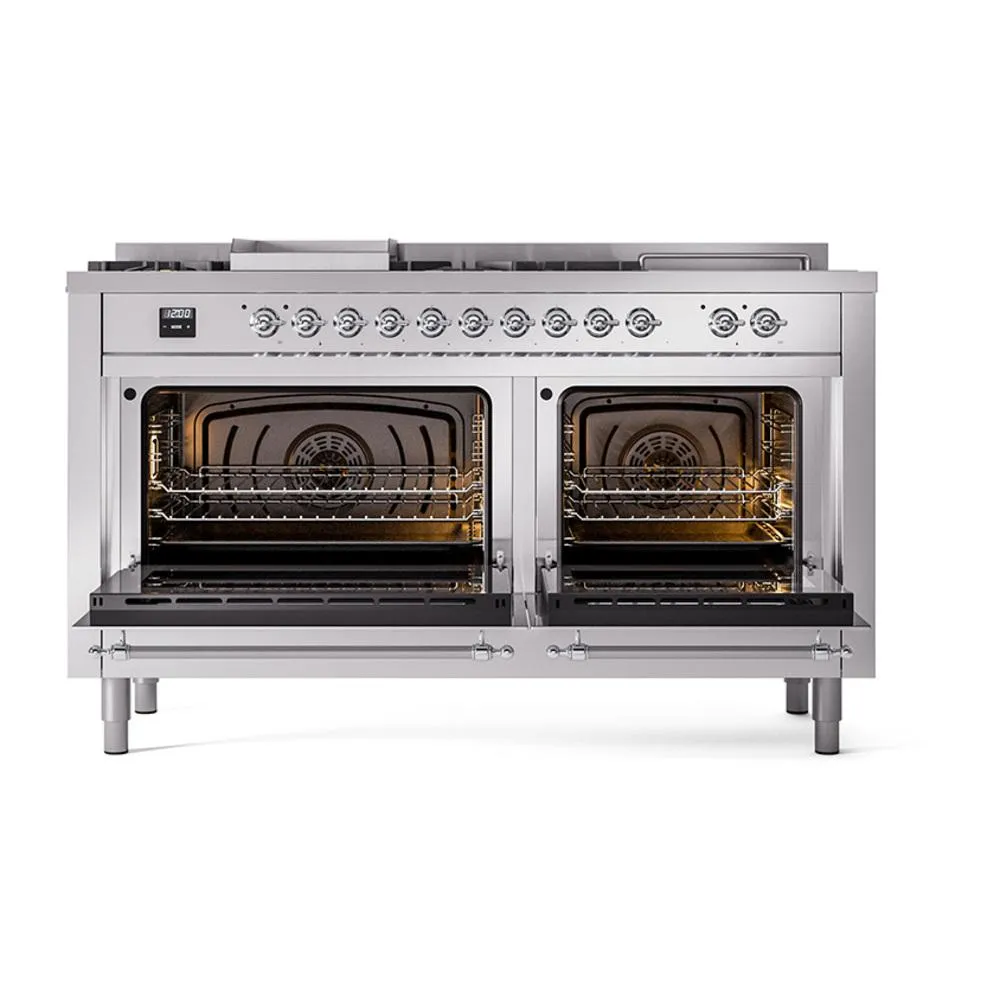 Ilve UN60FSQNMPSSC Ilve Un60Fsqnmpssc Nostalgie Ii Noblesse 60" Dual Fuel Range (7 Sealed Burners   Griddle   French Top, Natural Gas, Solid Door, Stainless Steel, Chrome)