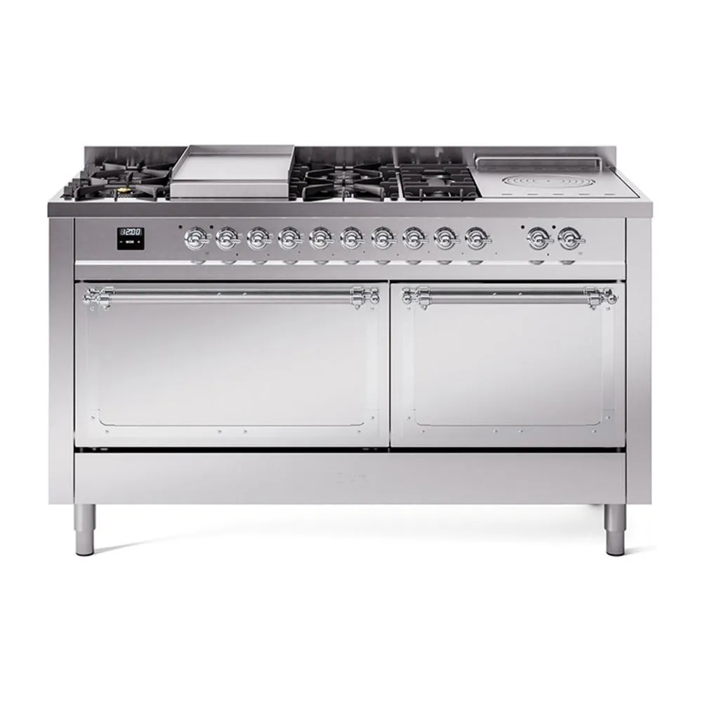 Ilve UN60FSQNMPSSC Ilve Un60Fsqnmpssc Nostalgie Ii Noblesse 60" Dual Fuel Range (7 Sealed Burners   Griddle   French Top, Natural Gas, Solid Door, Stainless Steel, Chrome) Professional Ranges dual fuel professional range 36 inch