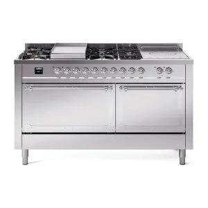 Ilve UN60FSQNMPSSC Ilve Un60Fsqnmpssc Nostalgie Ii Noblesse 60" Dual Fuel Range (7 Sealed Burners   Griddle   French Top, Natural Gas, Solid Door, Stainless Steel, Chrome) Professional Ranges dual fuel professional range 36 inch