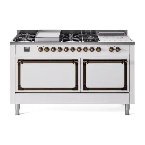 Ilve UN60FSQNMPWHB Ilve Un60Fsqnmpwhb Nostalgie Ii Noblesse 60" Dual Fuel Range (7 Sealed Burners   Griddle   French Top, Natural Gas, Solid Door, White, Burnished) Professional Ranges dual fuel professional range 36 inch