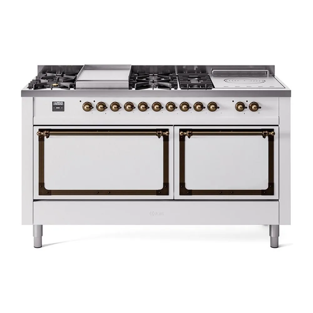 Ilve UN60FSQNMPWHB Ilve Un60Fsqnmpwhb Nostalgie Ii Noblesse 60" Dual Fuel Range (7 Sealed Burners   Griddle   French Top, Natural Gas, Solid Door, White, Burnished) Professional Ranges dual fuel professional range 36 inch