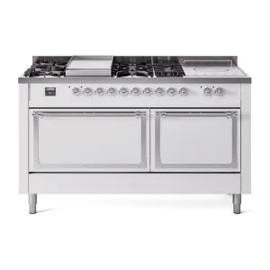 Ilve UN60FSQNMPWHC Ilve Un60Fsqnmpwhc Nostalgie Ii Noblesse 60" Dual Fuel Range (7 Sealed Burners   Griddle   French Top, Natural Gas, Solid Door, White, Chrome) Professional Ranges dual fuel professional range 36 inch