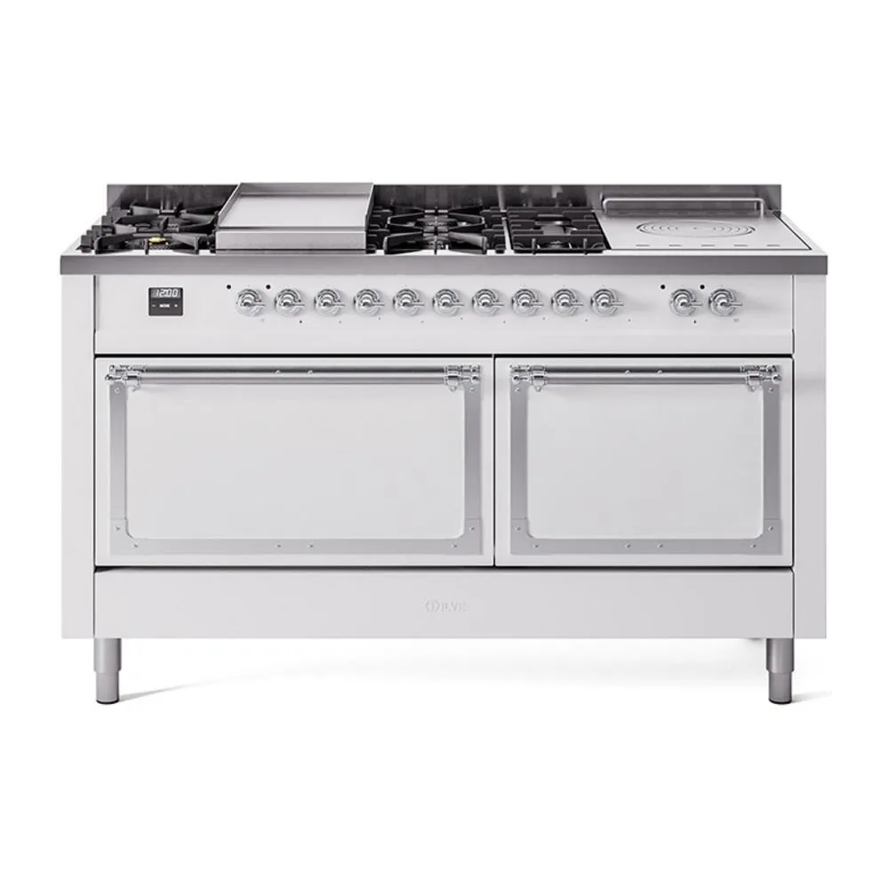 Ilve UN60FSQNMPWHC Ilve Un60Fsqnmpwhc Nostalgie Ii Noblesse 60" Dual Fuel Range (7 Sealed Burners   Griddle   French Top, Natural Gas, Solid Door, White, Chrome) Professional Ranges dual fuel professional range 36 inch